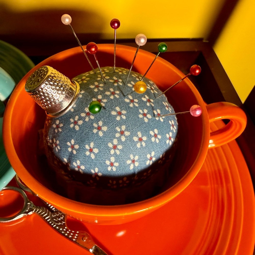Sweet Burnt Umber Pins and Needles Teacup Sewing Caddy